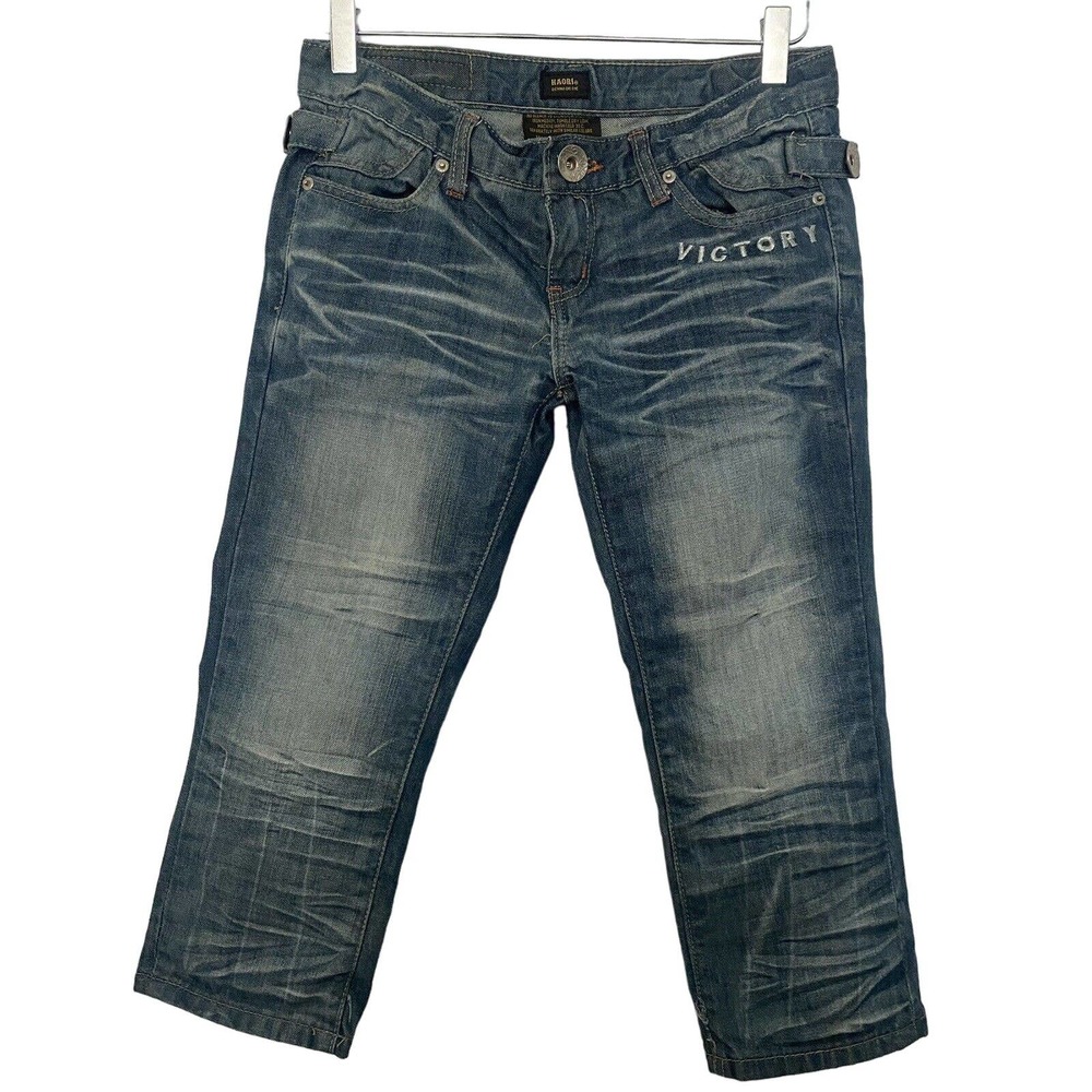 🌵 Haori Denim or Die Women's Distressed Whiskered Low-Rise Cropped Jeans - Sz 28